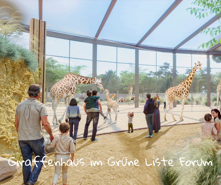 Fotorealistische Darstellung mit Blick auf verglaste Wände und Decken hinter denen Giraffen zu sehen sind. 